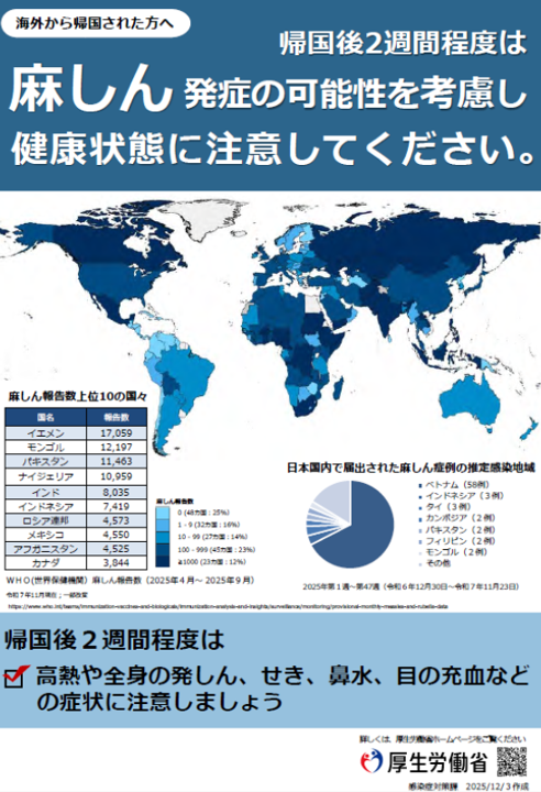 帰国後2週間程度は健康状態に注意してください
