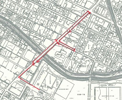 １．中央緑地から国道1号沿いを北進し、臨港通り交差点までの清掃区域図