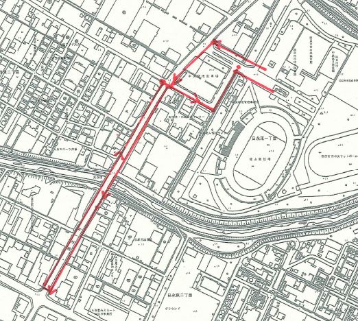 ２．中央緑地から国道1号沿い南進し、笹川通り交差点までの清掃区域図