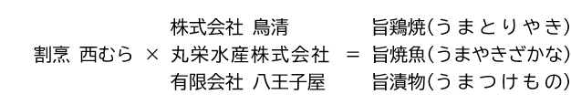 割烹西むらと鳥清、丸栄水産、八王子屋がコラボレーションして、旨鶏焼、旨焼魚、旨漬物が誕生